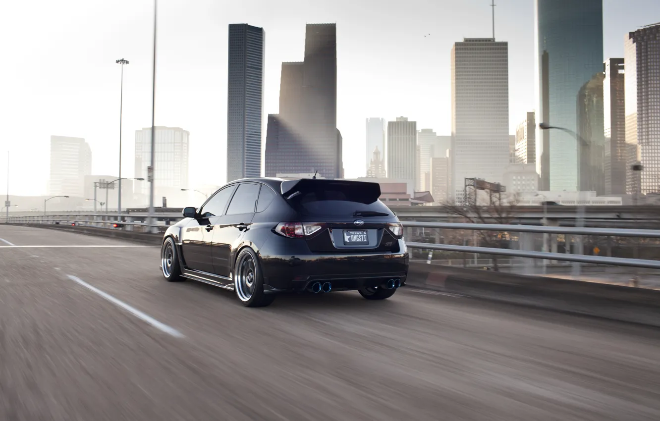 Photo wallpaper the city, speed, Subaru, black, STi, Houston, houston