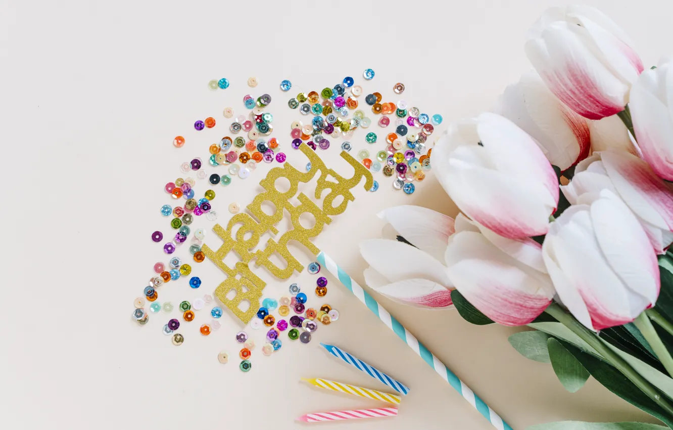 Photo wallpaper flowers, birthday, holiday, the inscription, bouquet, candles, sequins, tulips