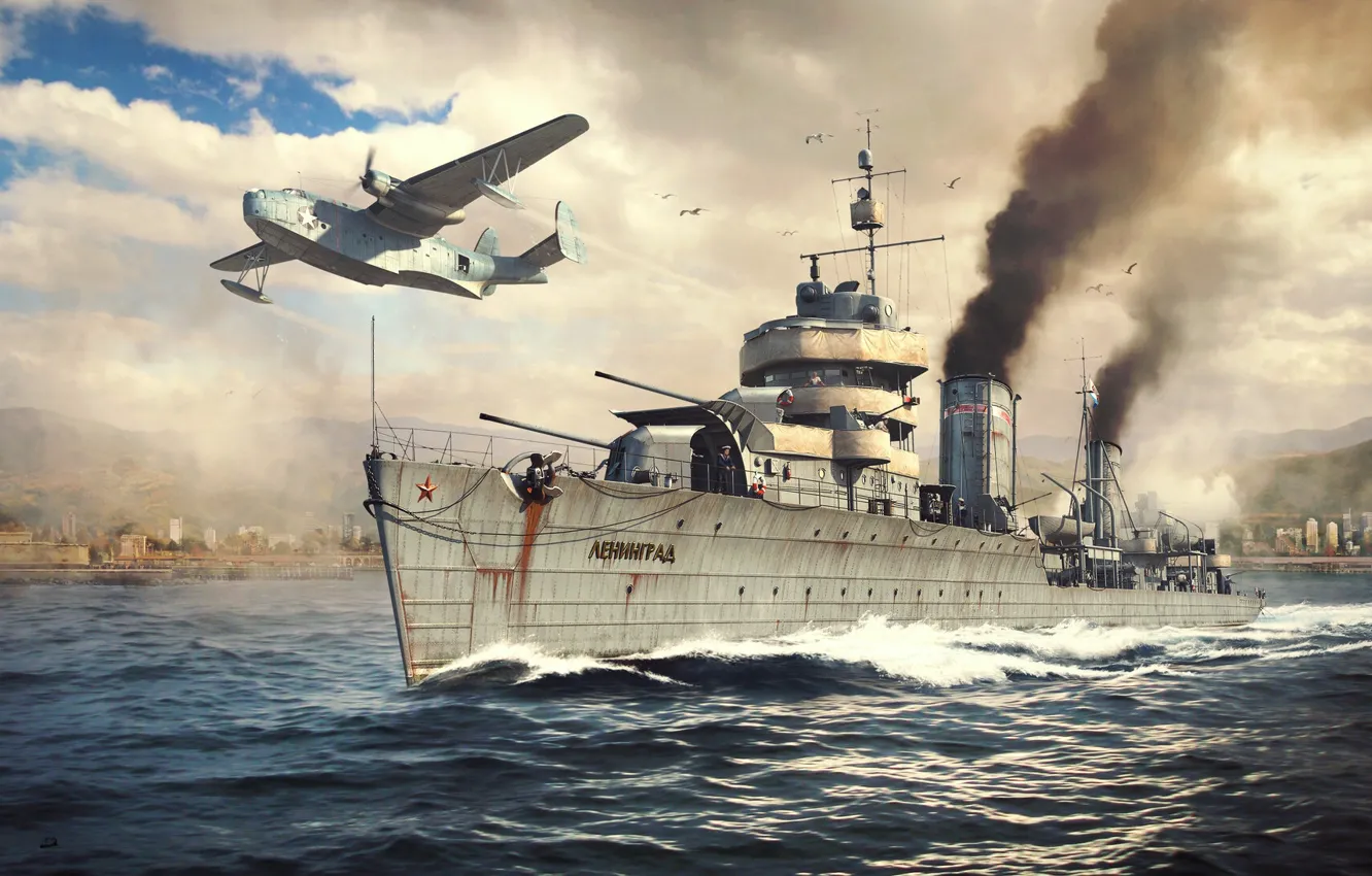Photo wallpaper ship, the plane, War Thunder, Leningrad, Warship, Warplane