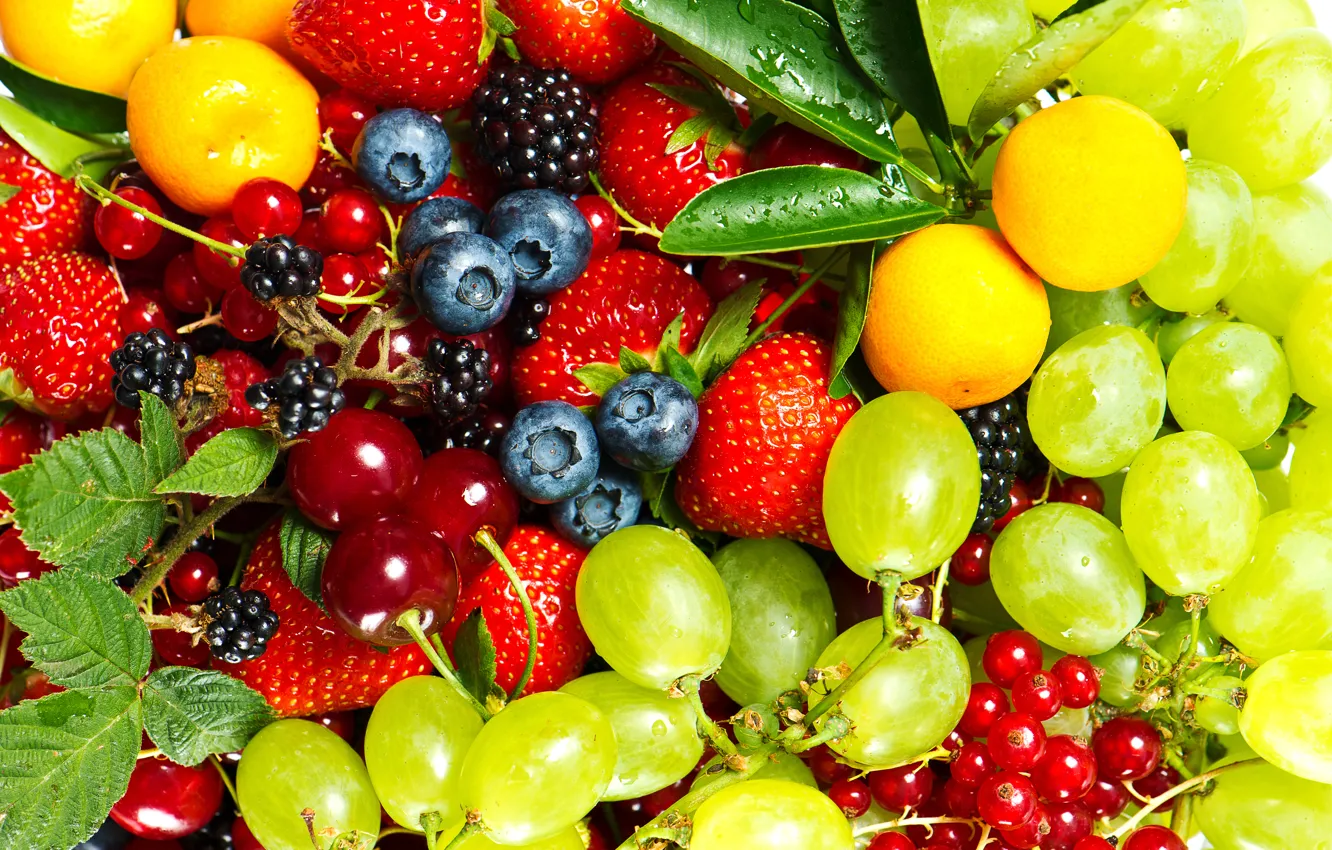 Photo wallpaper cherry, berries, strawberry, currants, gooseberry