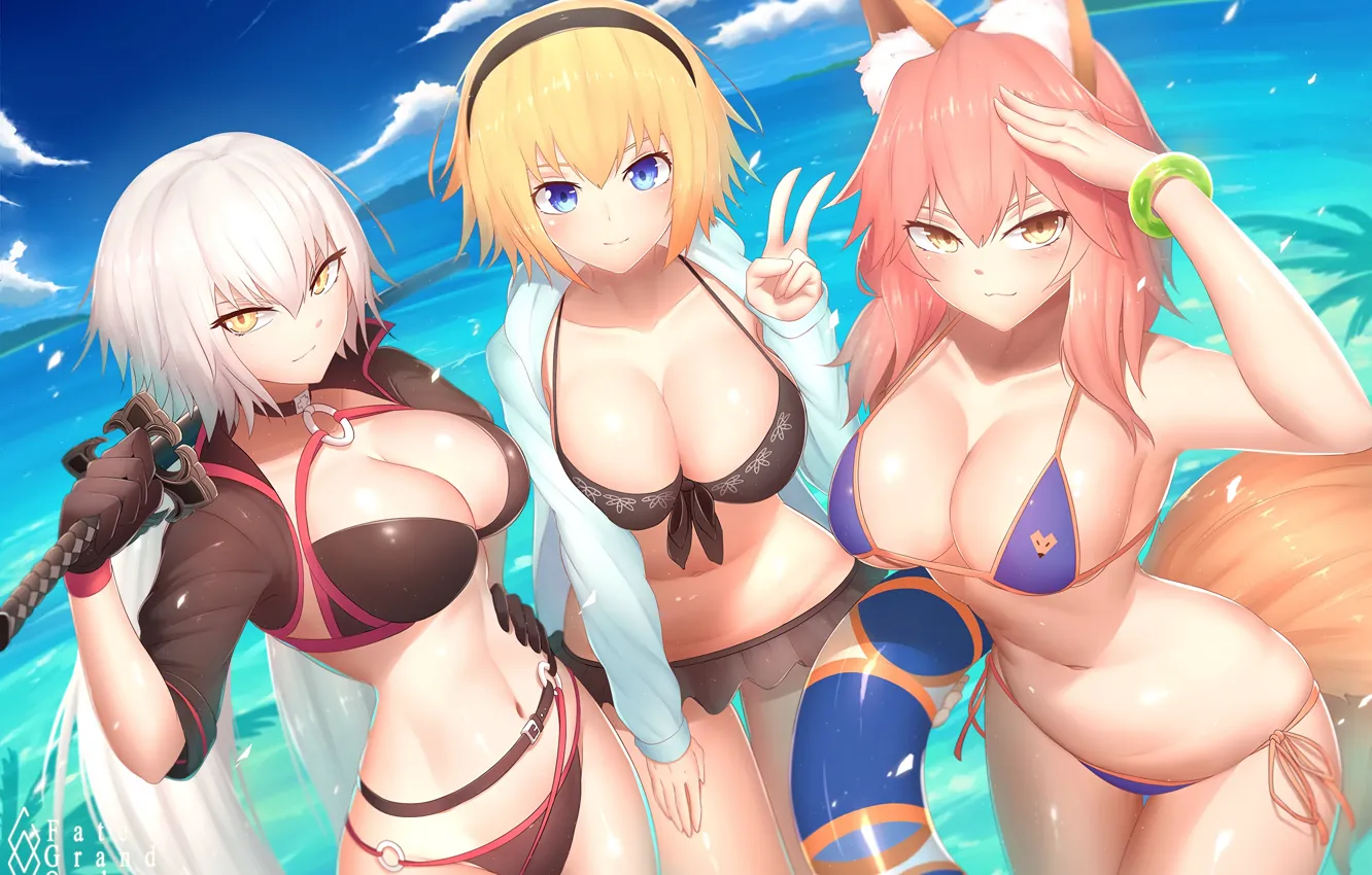 Photo wallpaper sword, sexy, cleavage, pink hair, sky, long hair, sea, girls