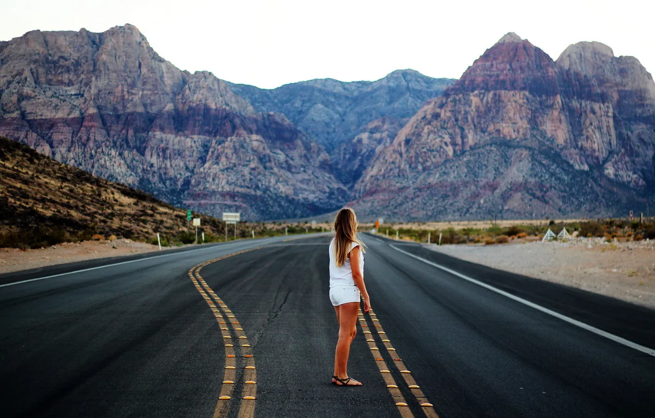 Photo wallpaper road, girl, mountains