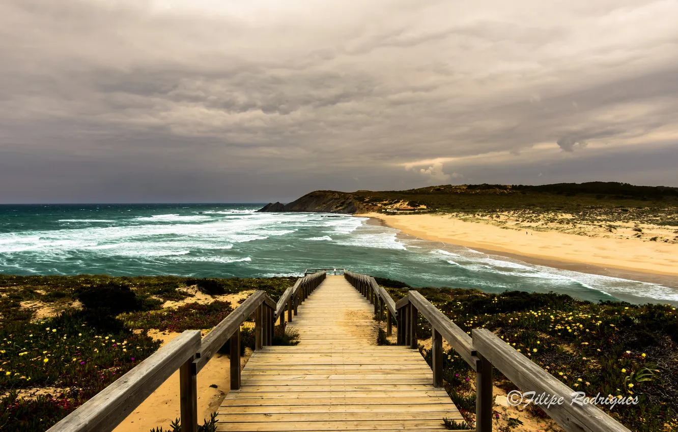 Photo wallpaper sea, wave, beach, clouds, the descent, ladder, Filipe Rodrigues