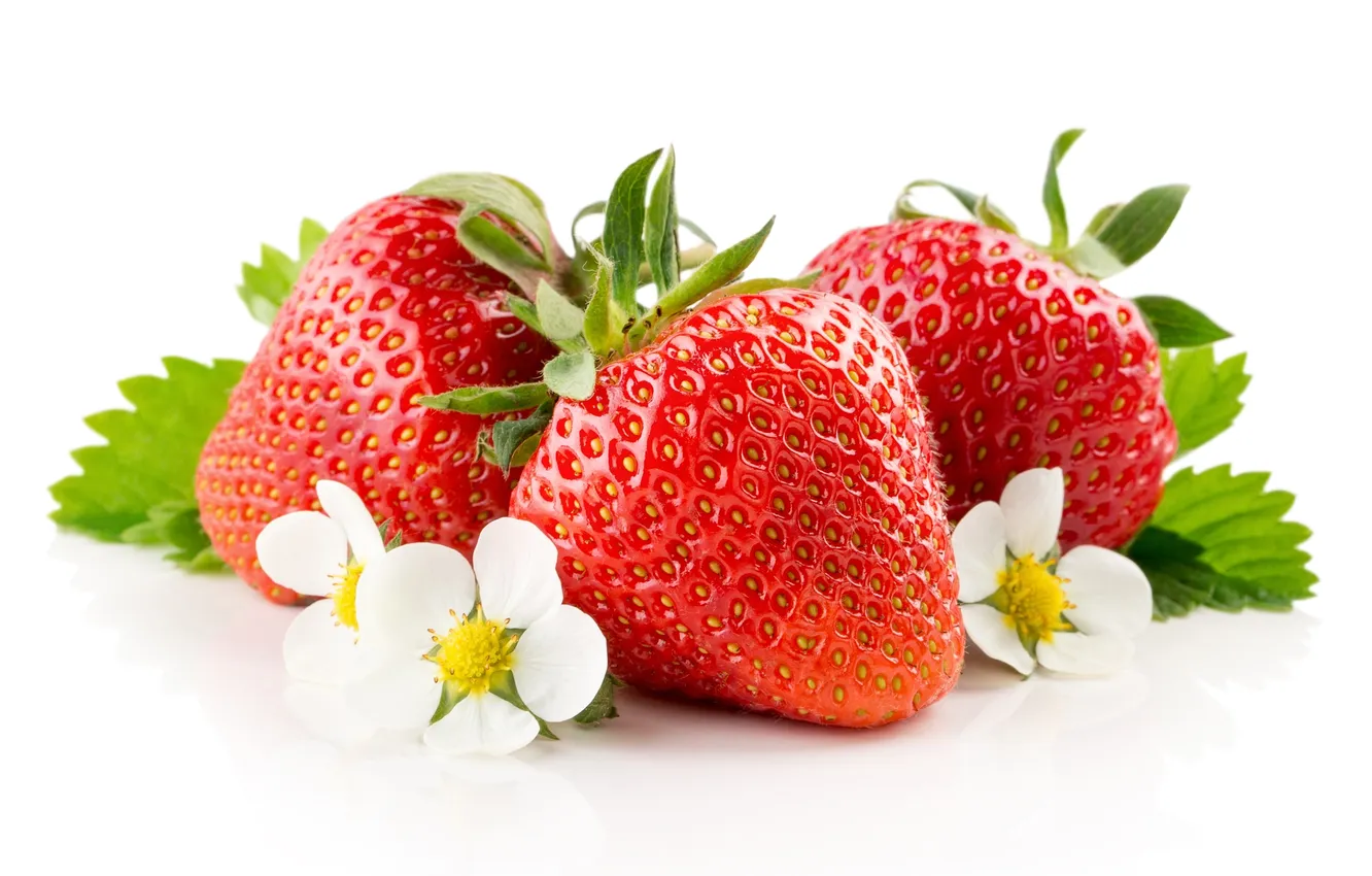 Photo wallpaper leaves, macro, flowers, berries, strawberry