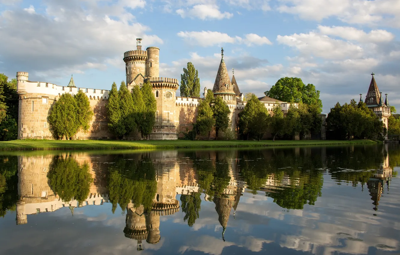Photo wallpaper the sky, landscape, lake, reflection, castle