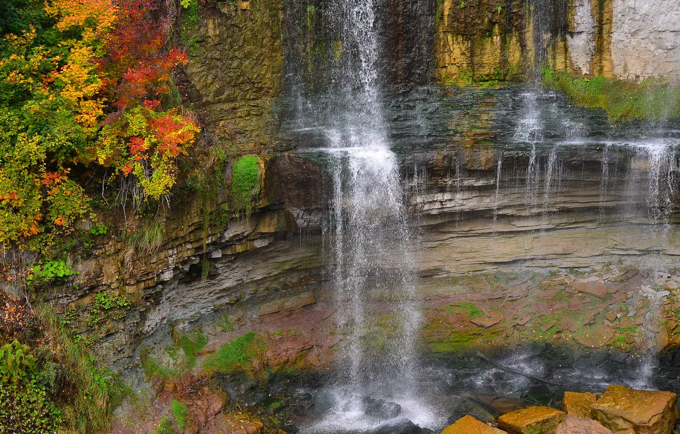 Photo wallpaper autumn, trees, stones, rocks, waterfall