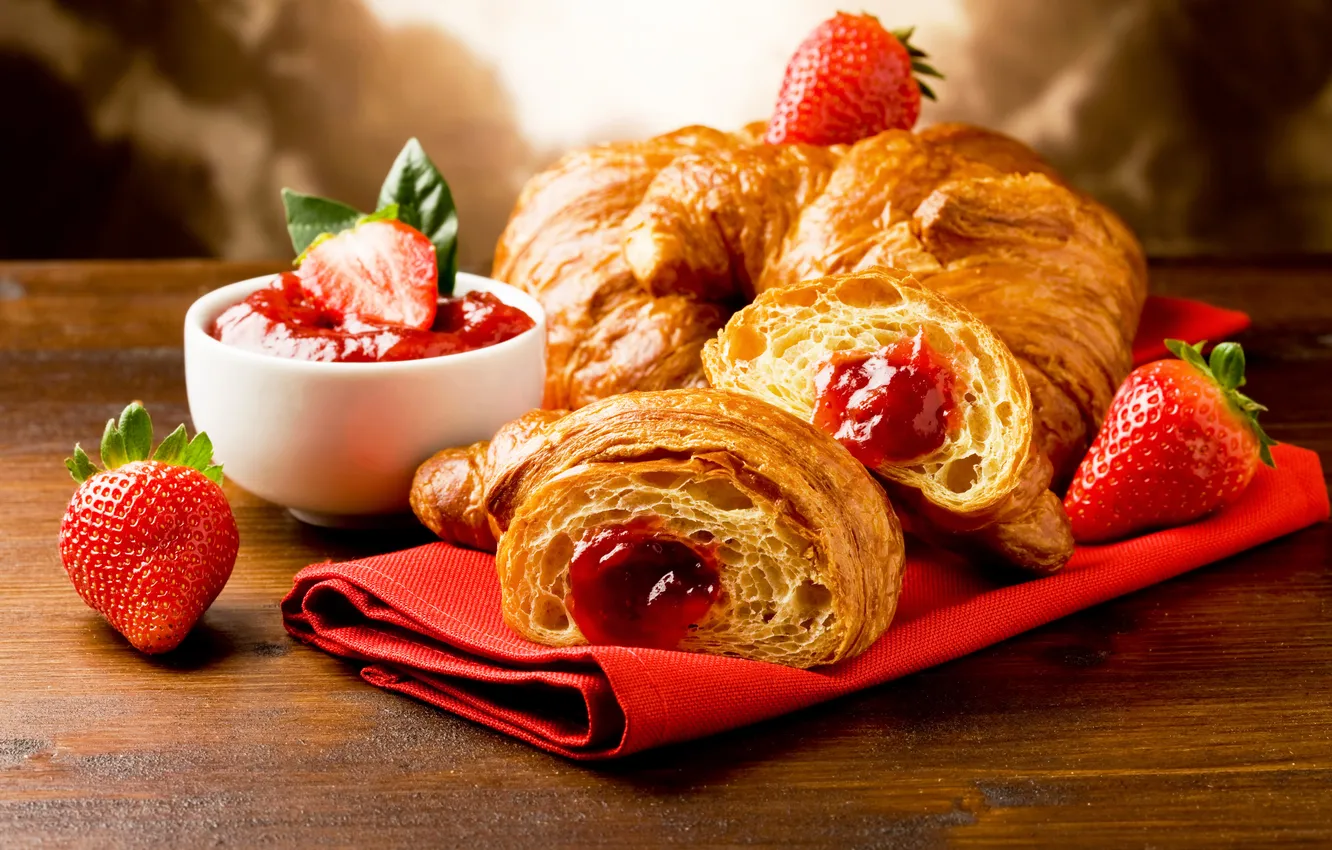 Photo wallpaper strawberry, cakes, jam, strawberry, jam, buns, croissants, jam