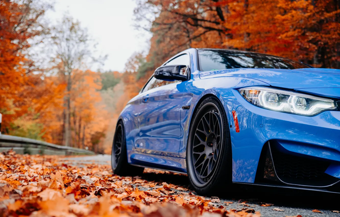 Photo wallpaper BMW, Blue, Autumn, Road, F80, Sight