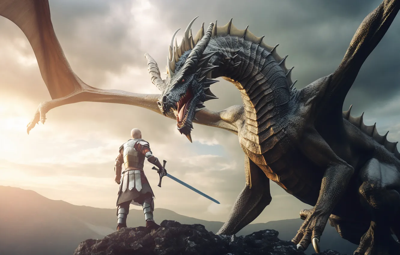 Photo wallpaper Dragon, Look, Armor, Dawn, Sword, Warrior, Wings, Male