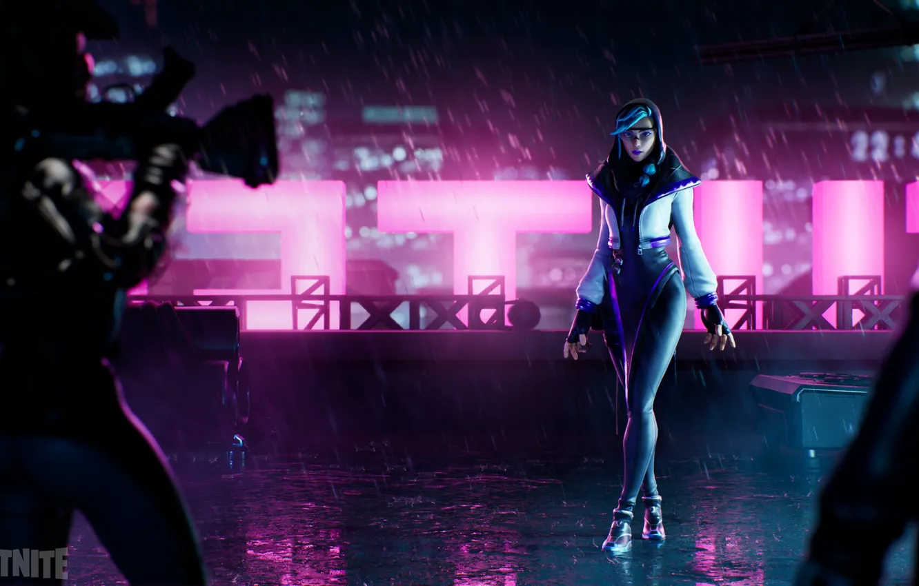 Photo wallpaper girl, night, rain, Fortnite