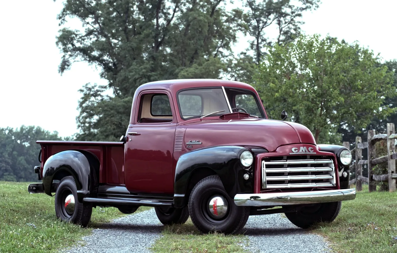 Photo wallpaper road, trees, 150, classic, pickup, the front, 1950, GMC