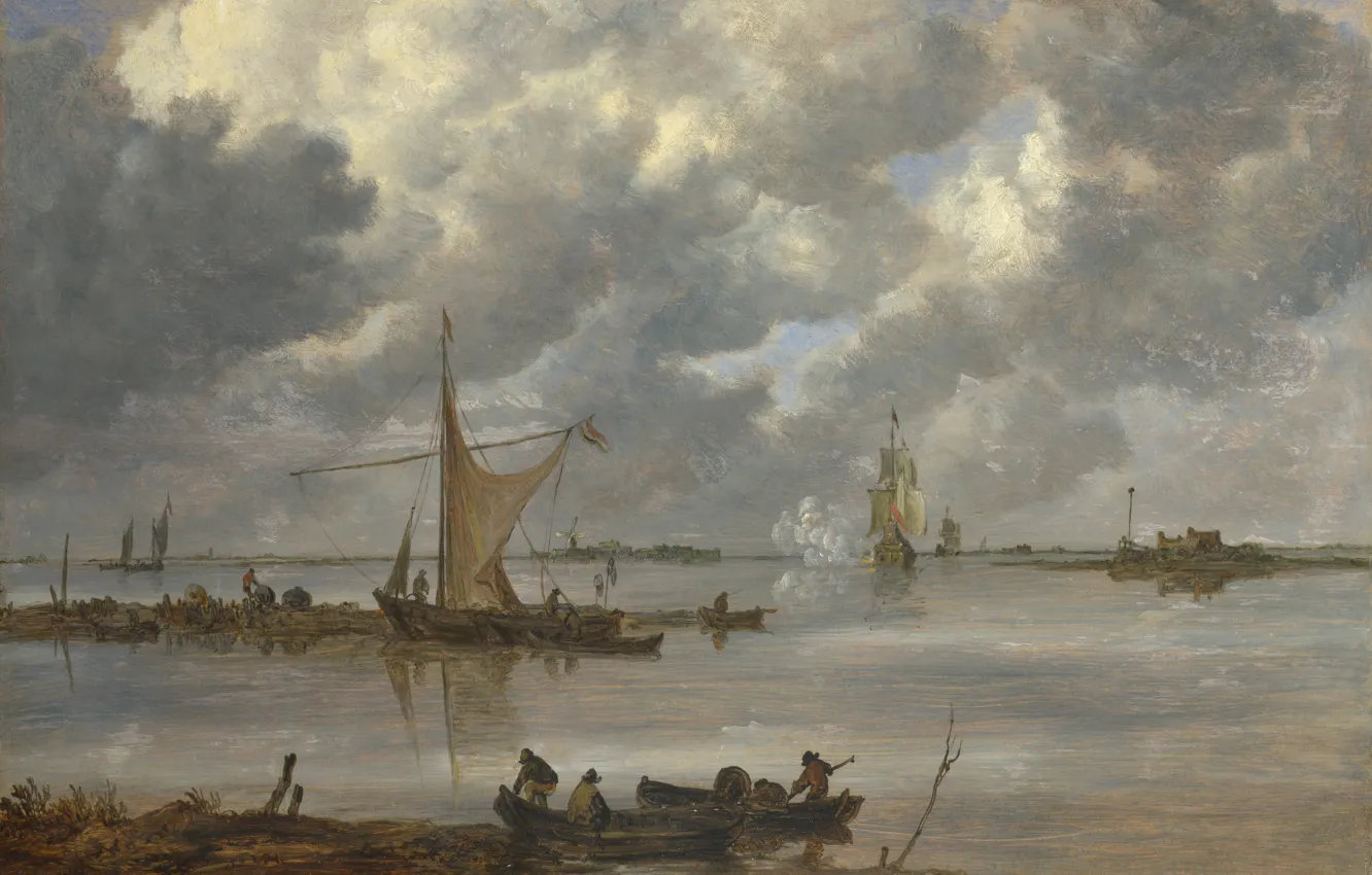 Photo wallpaper picture, seascape, Jan van Goyen, Jan van Goyen, Estuary with fishing boats and two frigates