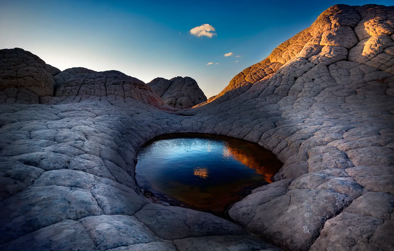 Photo wallpaper the sky, water, clouds, stones, eye of the Cyclops
