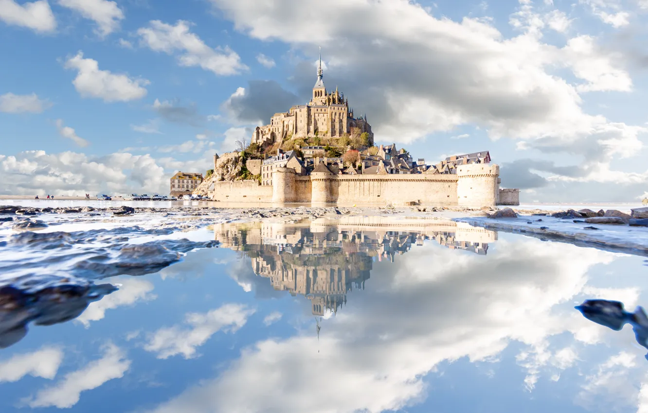Photo wallpaper reflection, castle, France, the monastery, Normandy, Mont-Saint-Michel