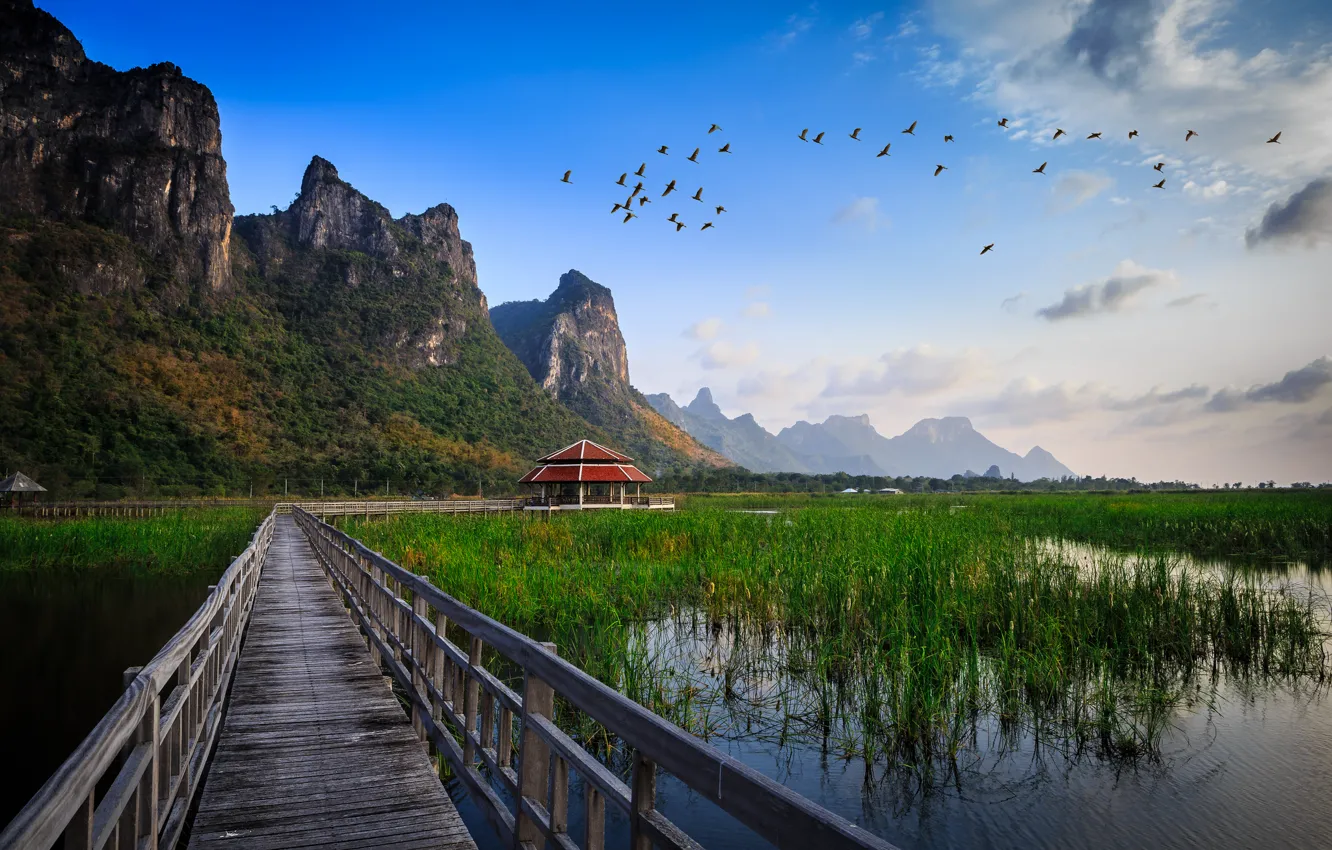 Photo wallpaper grass, water, mountains, birds, bridge, lake, hut, building