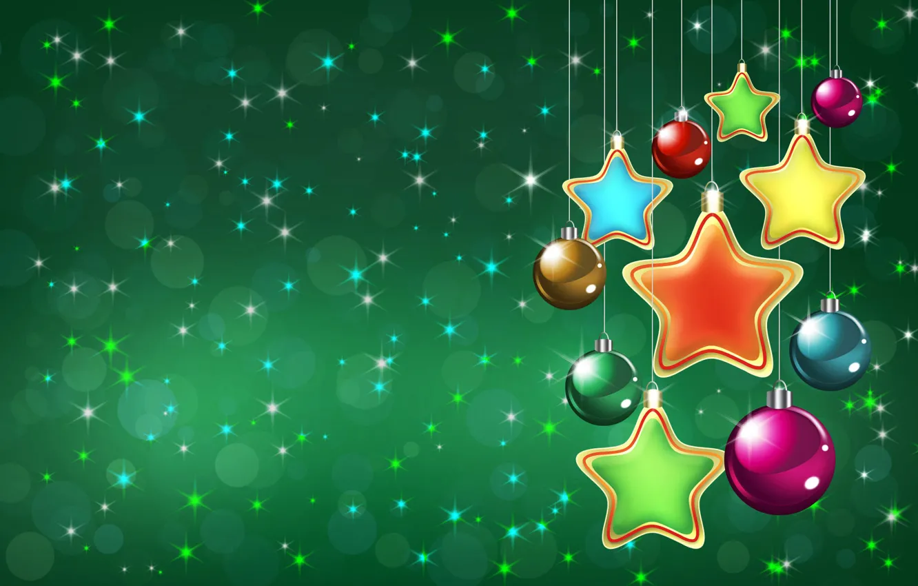 Photo wallpaper holiday, New year, green background, Christmas decorations