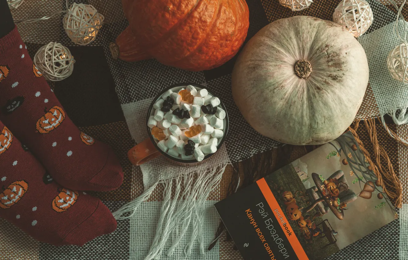 Photo wallpaper autumn, comfort, holiday, feet, cell, candy, mug, pumpkin