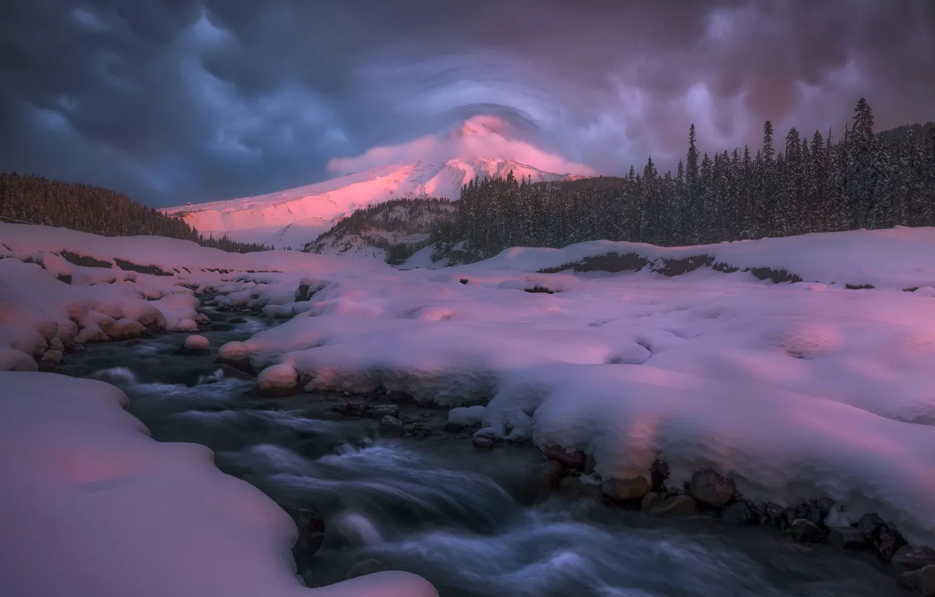 Photo wallpaper winter, forest, snow, mountains, stream, Oregon, the snow, river