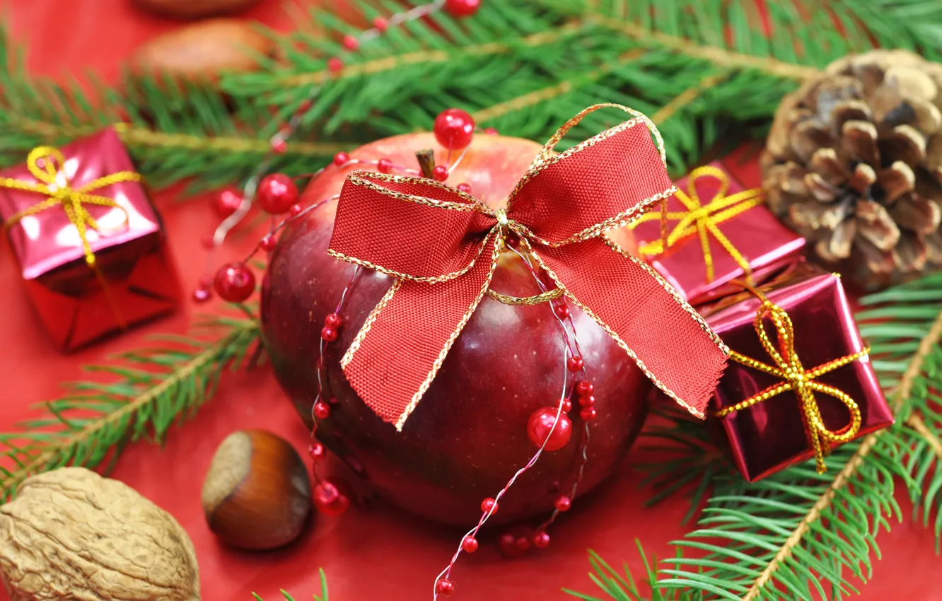 Photo wallpaper holiday, Apple, gifts, tree, bow, bumps, nuts