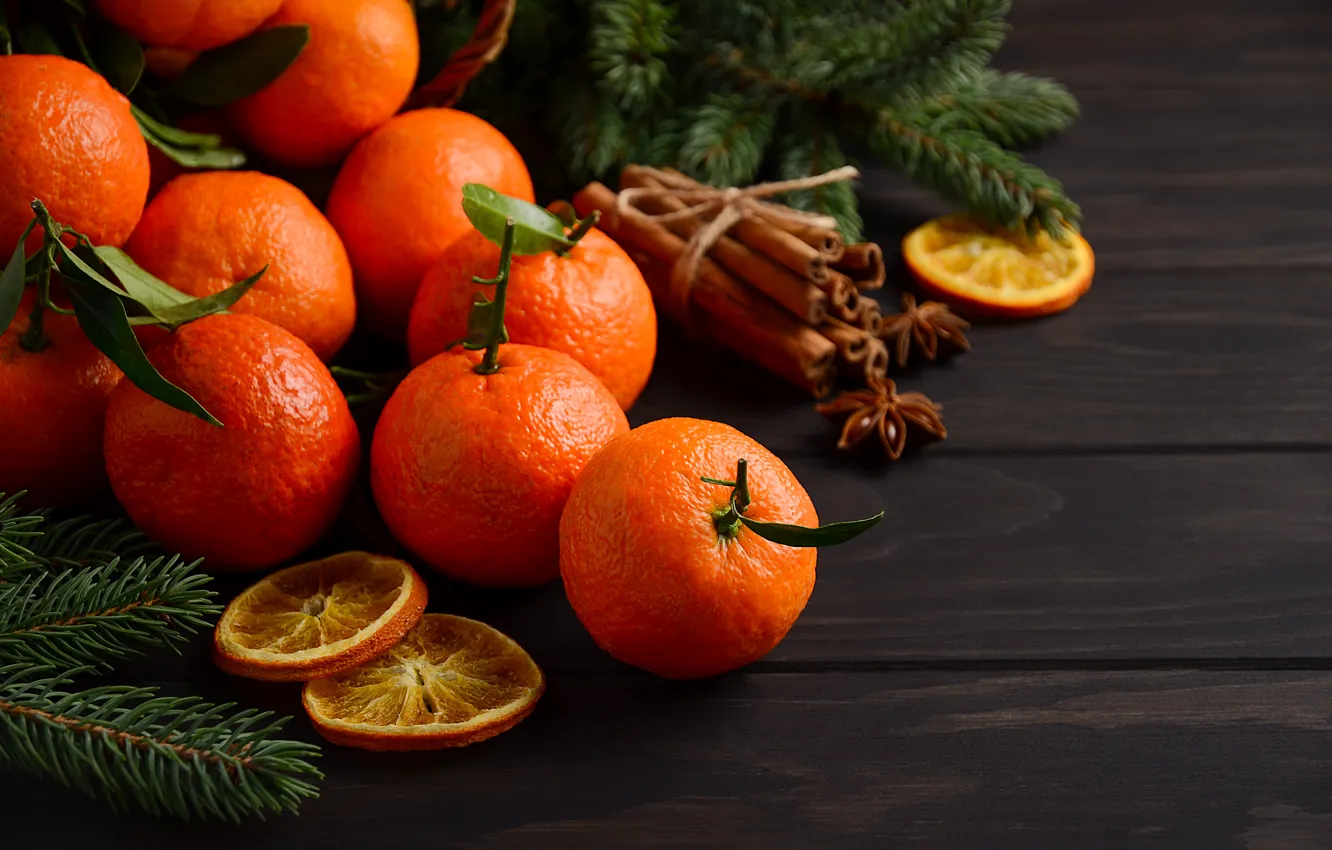 Photo wallpaper decoration, New Year, Christmas, Christmas, wood, fruit, New Year, tangerines