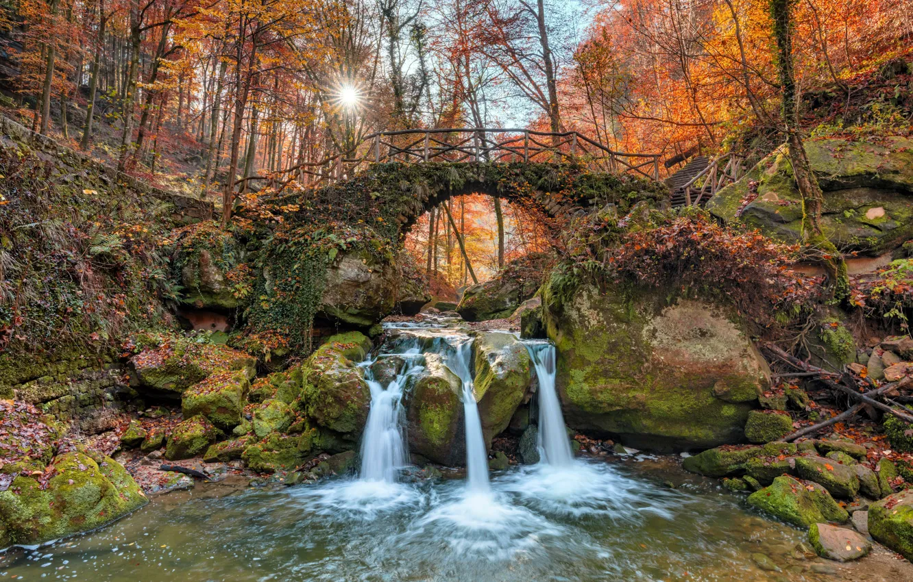 Photo wallpaper autumn, bridge, waterfall, arch