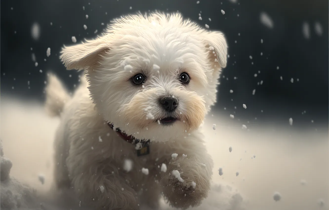 Photo wallpaper winter, white, look, snow, dog, baby, running, puppy