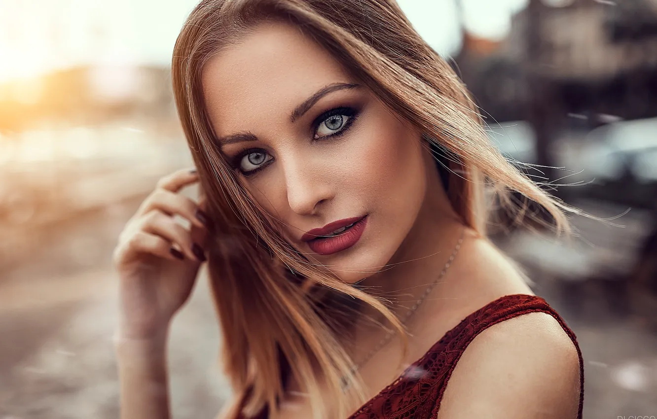 Photo wallpaper look, girl, portrait, makeup, hairstyle, brown hair, bokeh, Alessandro Di Cicco