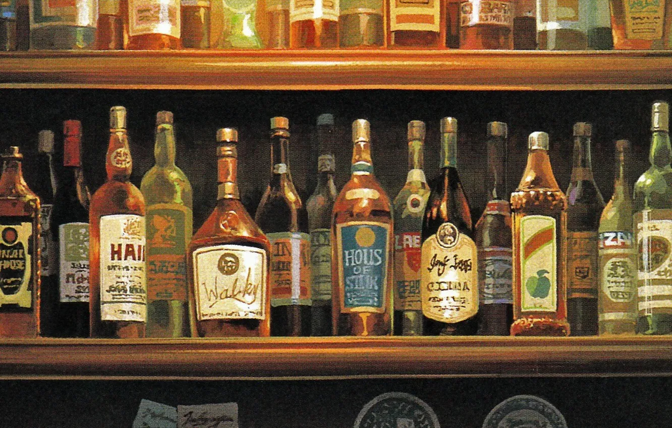 Photo wallpaper bar, glasses, bottle, a lot, shelves, alcohol, porco rosso, by hayao miyazaki