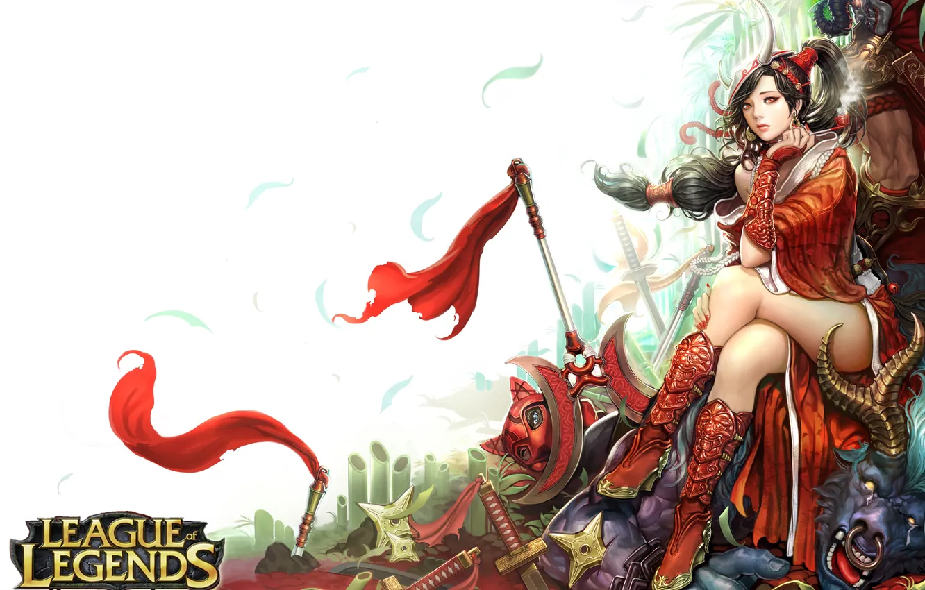 Photo wallpaper girl, weapons, tube, art, Akali, Shen, League of Legends, sitting