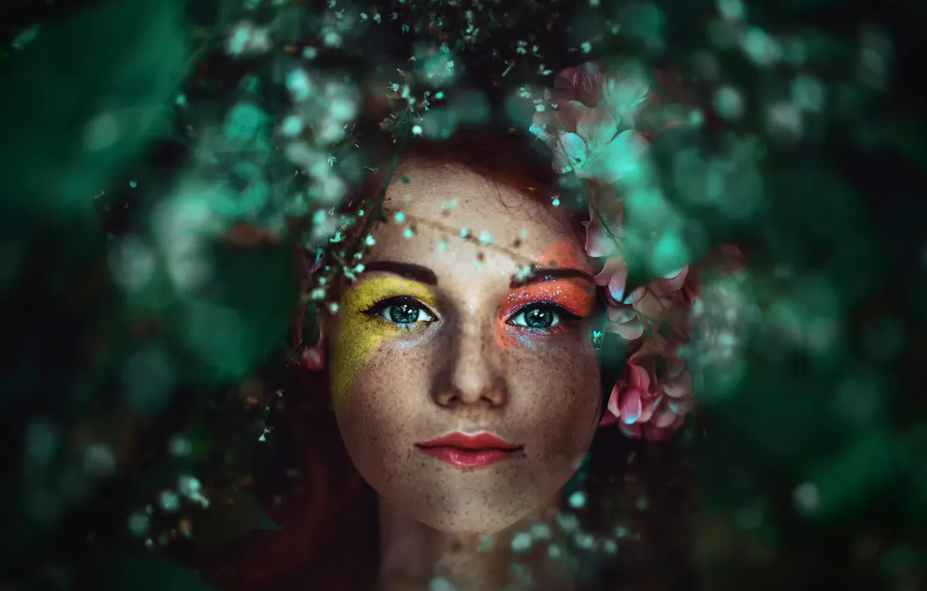 Photo wallpaper look, color, girl, makeup, freckles, eyes of the forest