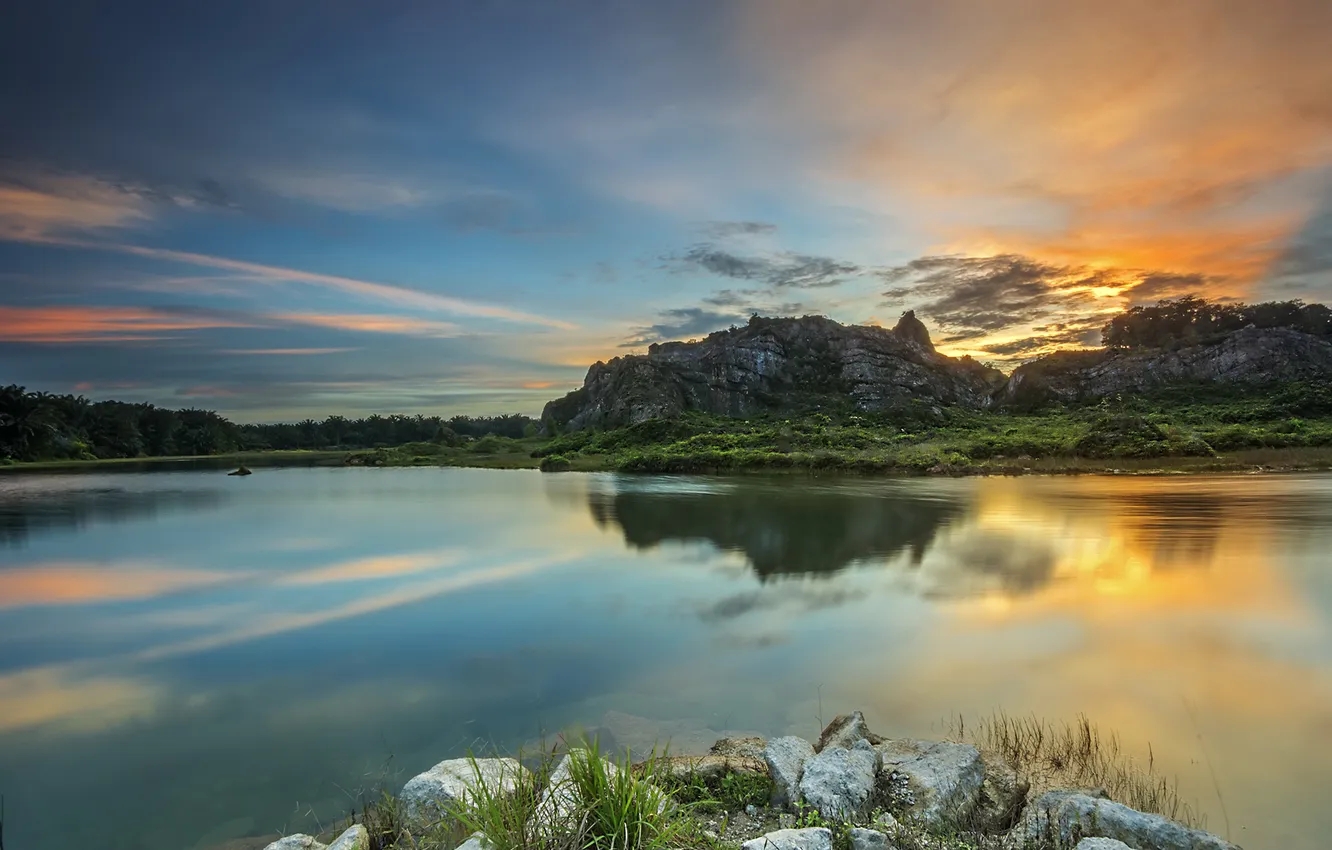 Photo wallpaper the sky, clouds, trees, lake, stones, rocks, the evening