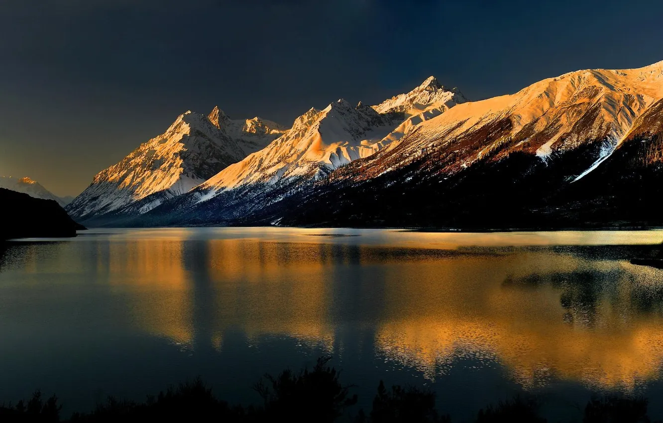 Photo wallpaper snow, landscape, mountains, river, background, Wallpaper, shore, tops