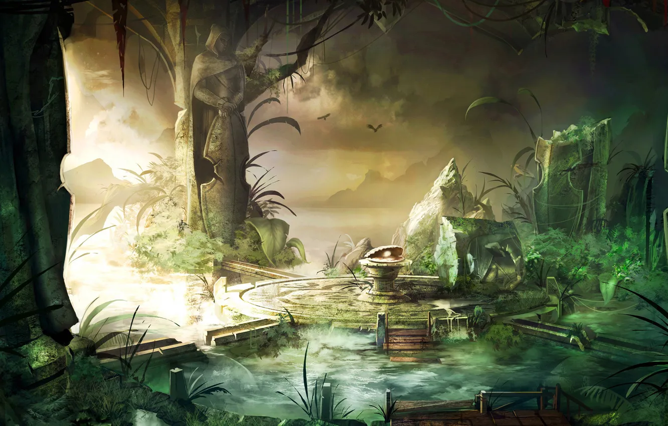 Photo wallpaper water, lake, thickets, sink, statue, shell, ruins, platform