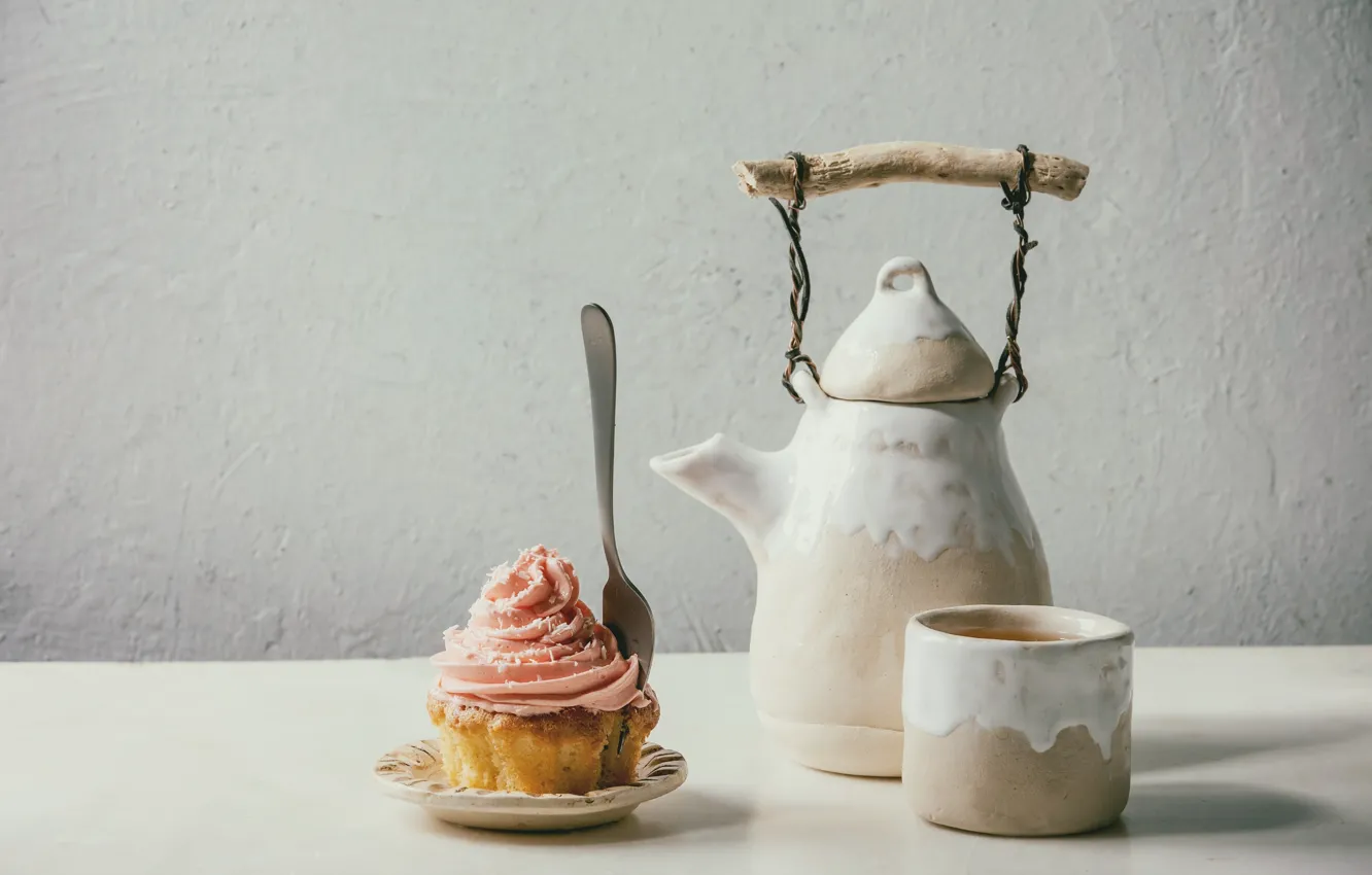 Photo wallpaper tea, kettle, Cup, cupcakes, Natasha Breen