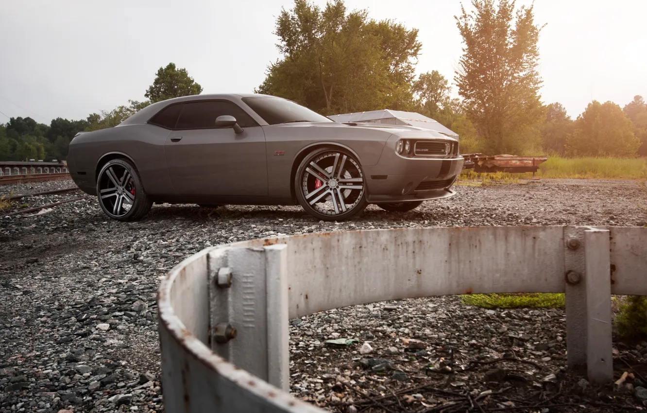 Photo wallpaper Auto, Trees, Tuning, Machine, Railroad, Dodge, Challenger, Rails