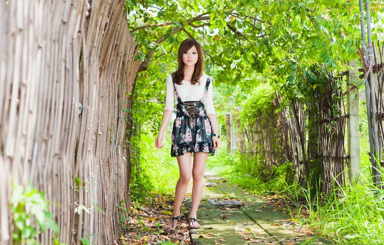 Photo wallpaper kawaii, metal, girl, flower, long hair, dress, trees, brown hair