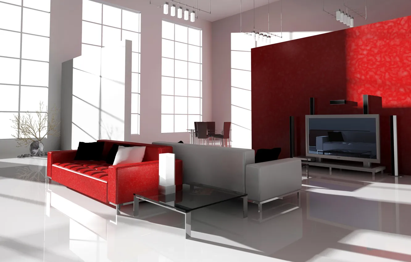 Photo wallpaper sofa, TV, window, table, living room, Studio
