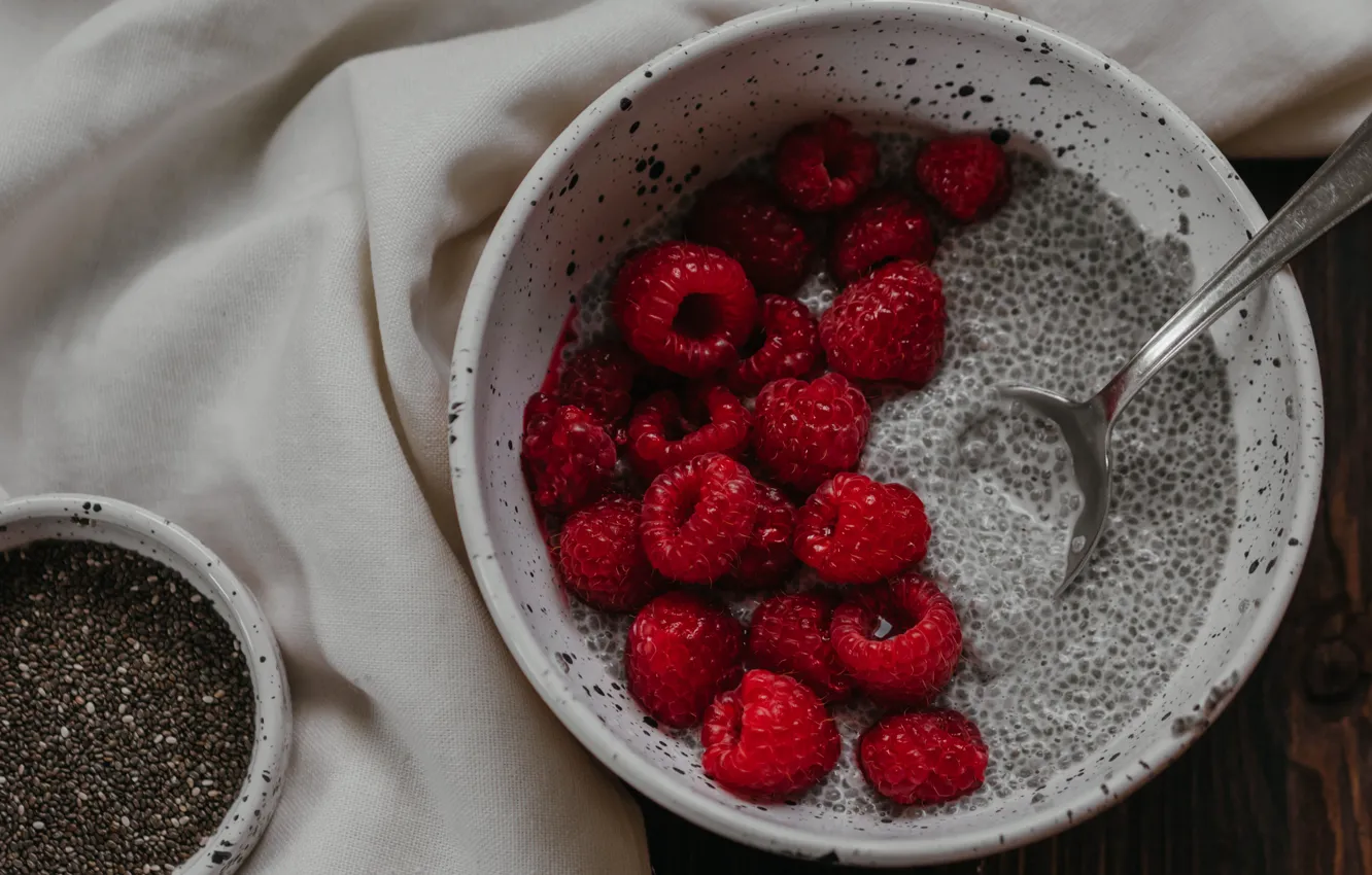 Photo wallpaper berries, raspberry, table, towel, Breakfast, milk, spoon, bowl