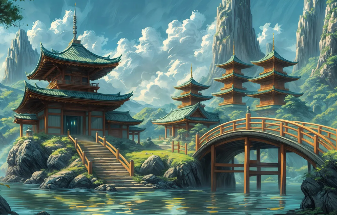 Photo wallpaper clouds, mountains, bridge, river, beauty, architecture, digital art, Japanese landscape