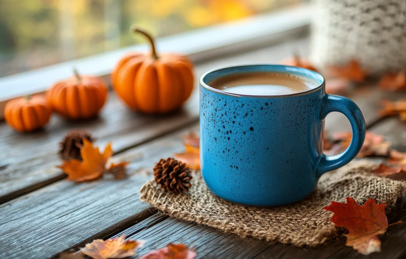 Photo wallpaper autumn, comfort, coffee, mug, pumpkin, drink, cocoa, AI art