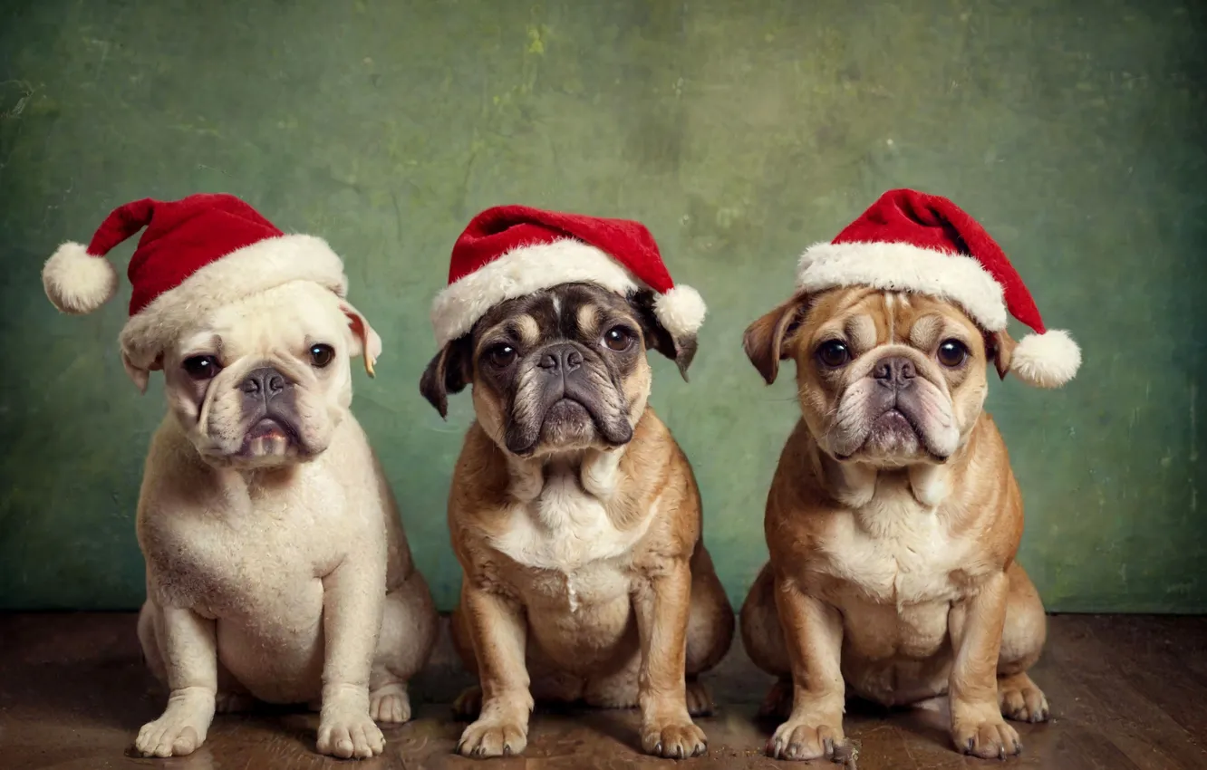 Photo wallpaper dogs, look, new year, Christmas, company, trio, green background, sitting