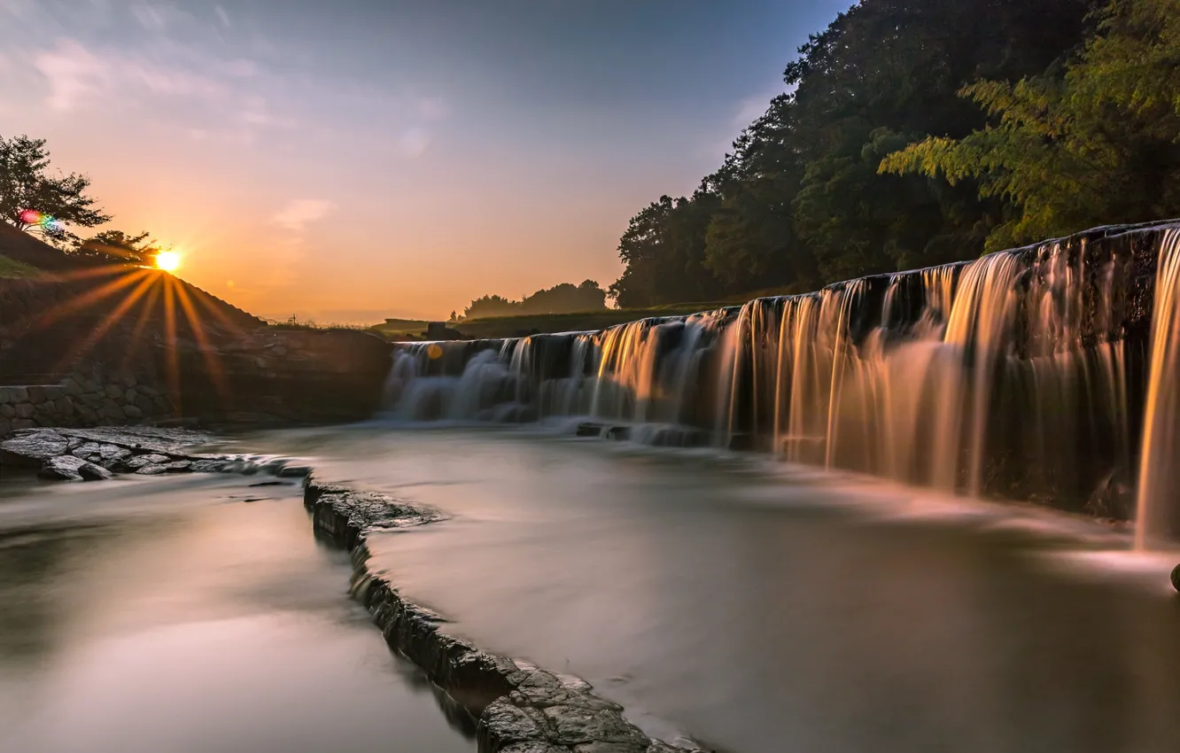 Photo wallpaper waterfall, Japan, Japan, sunrise, Hego, Kirotaki