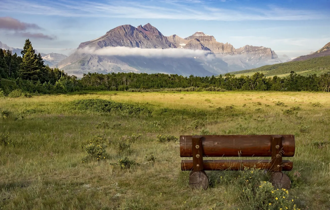 Photo wallpaper mountains, bench, shop