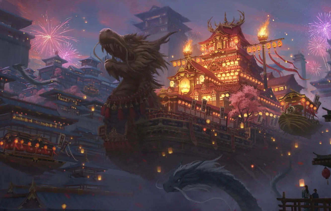 Photo wallpaper night, holiday, boat, dragon, ship, salute, night, dragon