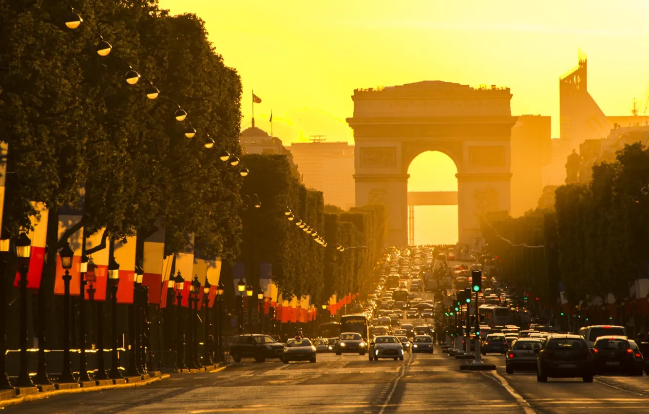 Photo wallpaper city, light, Paris, road, cars, trees, sunset, France