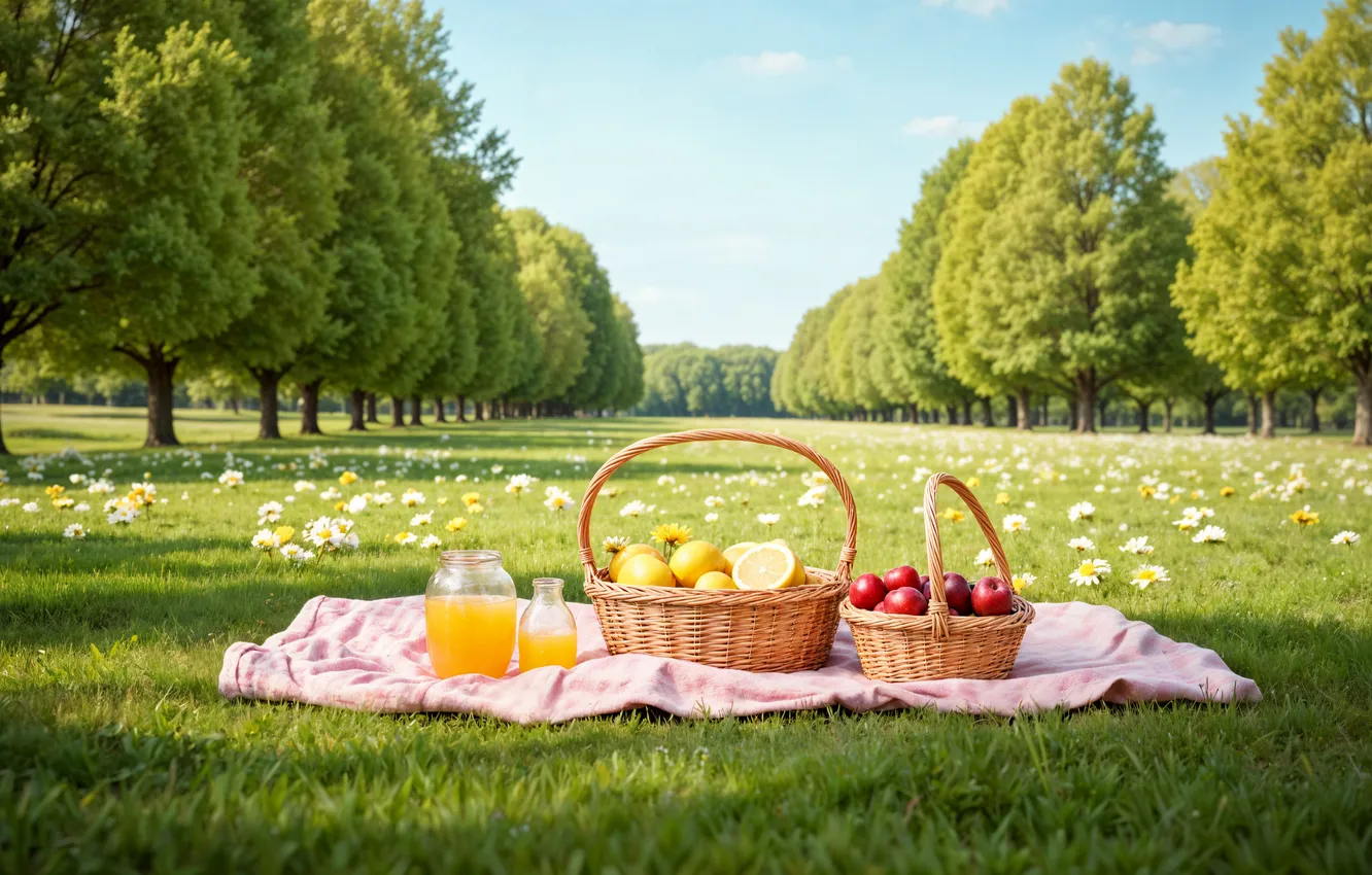 Photo wallpaper field, flowers, spring, colorful, meadow, picnic, blossom, flowers