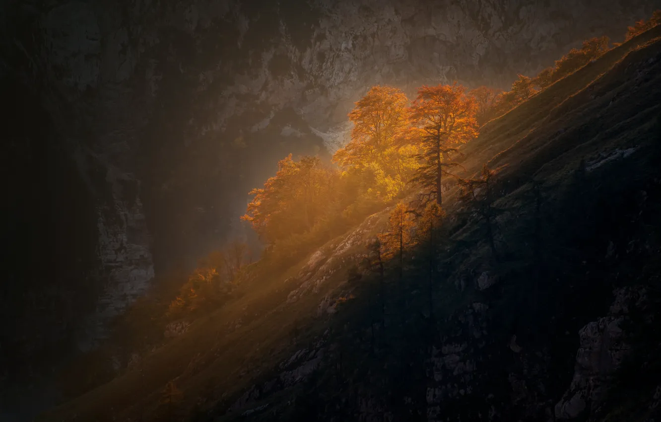 Photo wallpaper light, mountains, nature, rocks, slope
