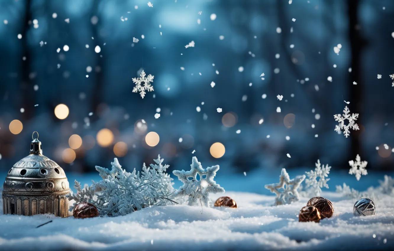 Photo wallpaper snow, decoration, night, balls, Christmas, New year, Christmas, balls