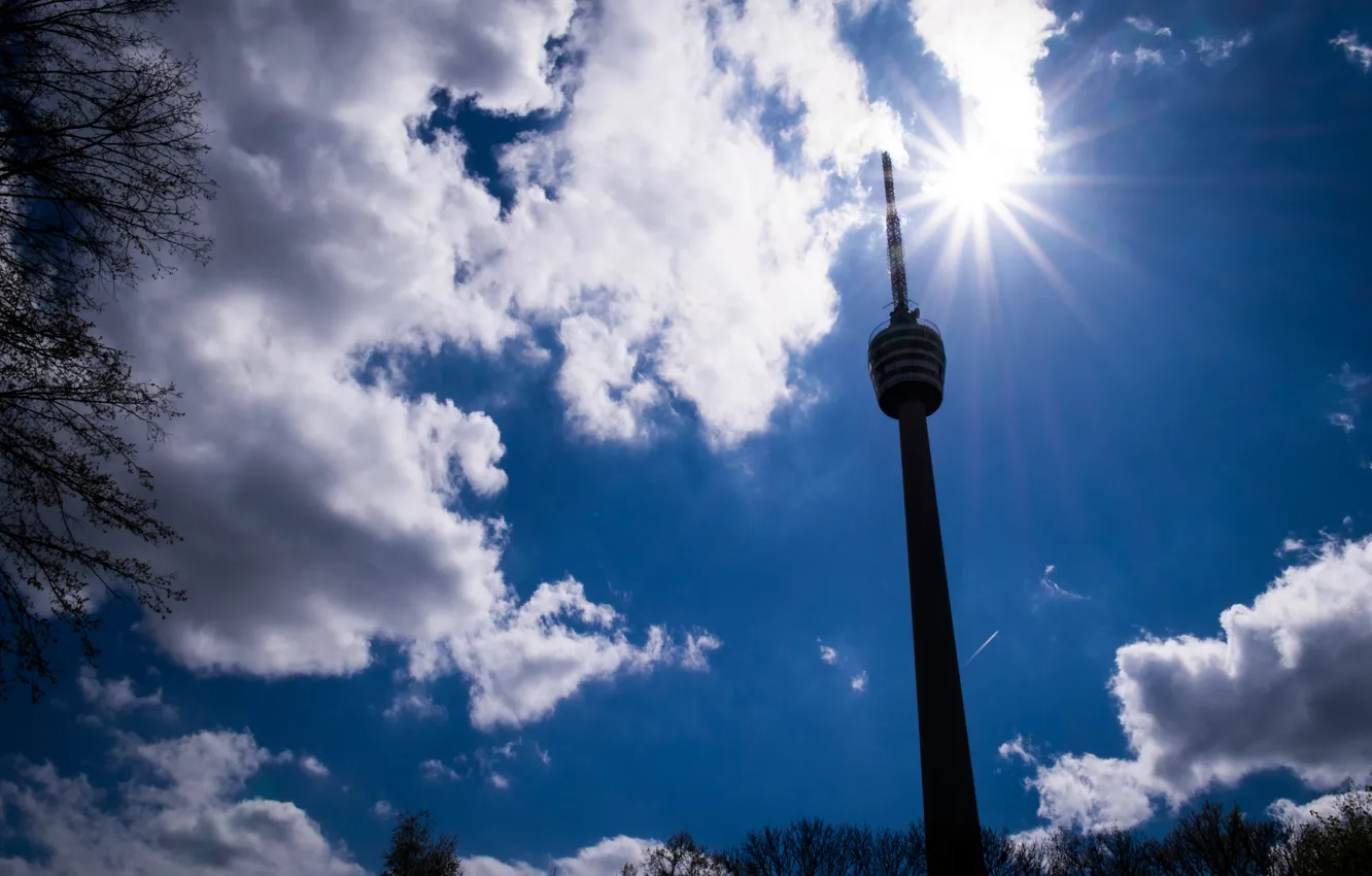 Photo wallpaper Clouds, Sun, Germany, Spring, Sunshine, Stuttgart, TV tower, TV Tower