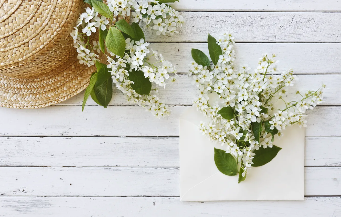 Photo wallpaper flowers, hat, white, white, wood, flowers, spring